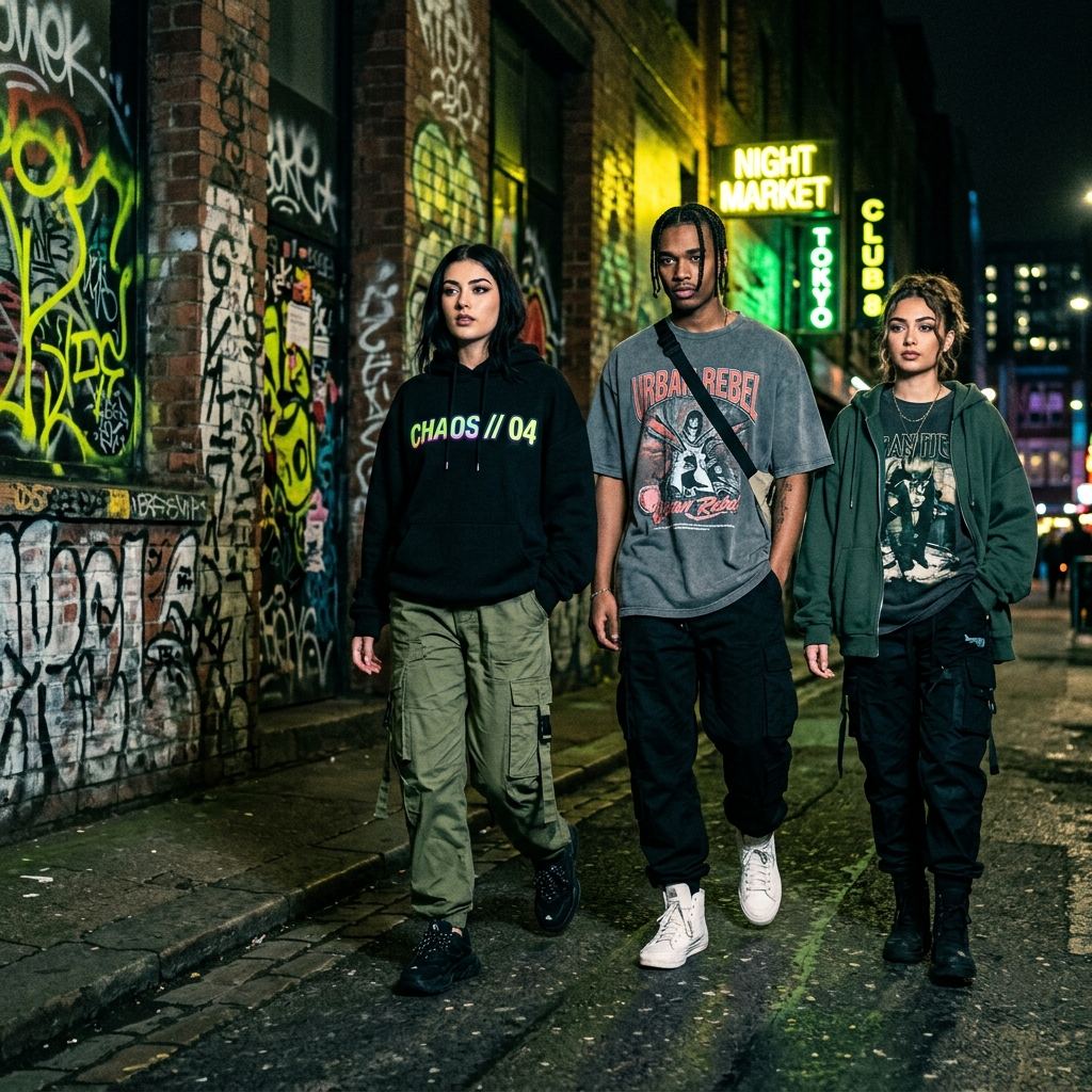 Young people wearing GRVMD streetwear in an urban setting